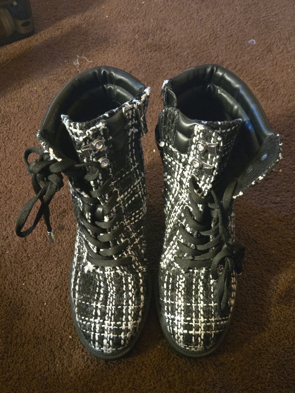 Jennifer Lopez Black and White Tweed Lace-Up Boots 9M